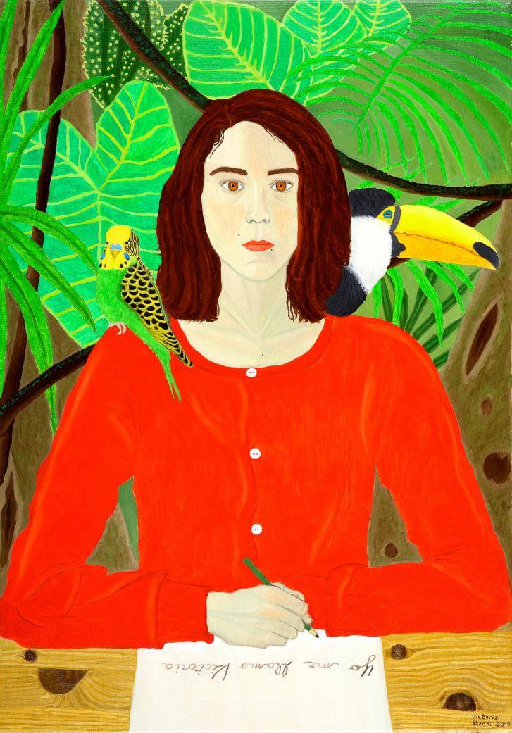 	Yo me llamo Victoria- Autoportrait avec perruche et toucan. 