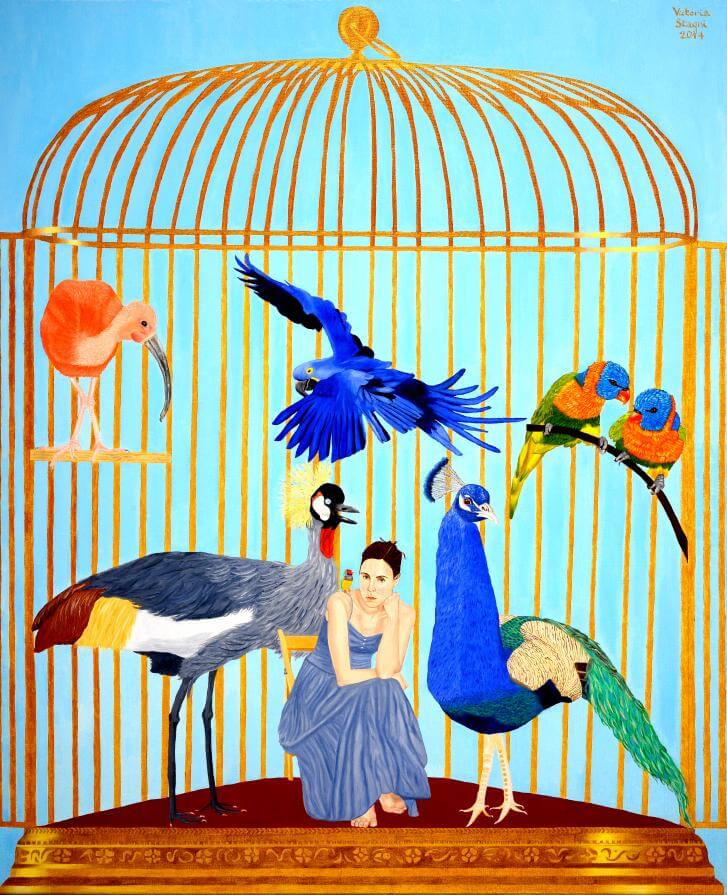 The cage- Self-portrait with birds. 